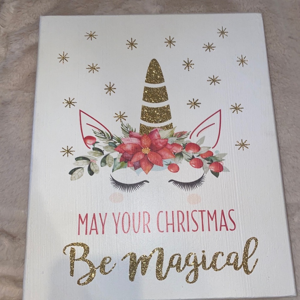 Christmas unicorn decor wooden sign euc
